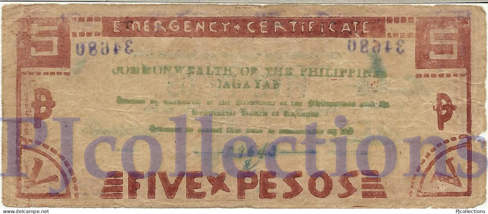 PHILIPPINES 5 PESOS 1944 PICK S191b F/VF EMERGENCY BANKNOTE - Filippine