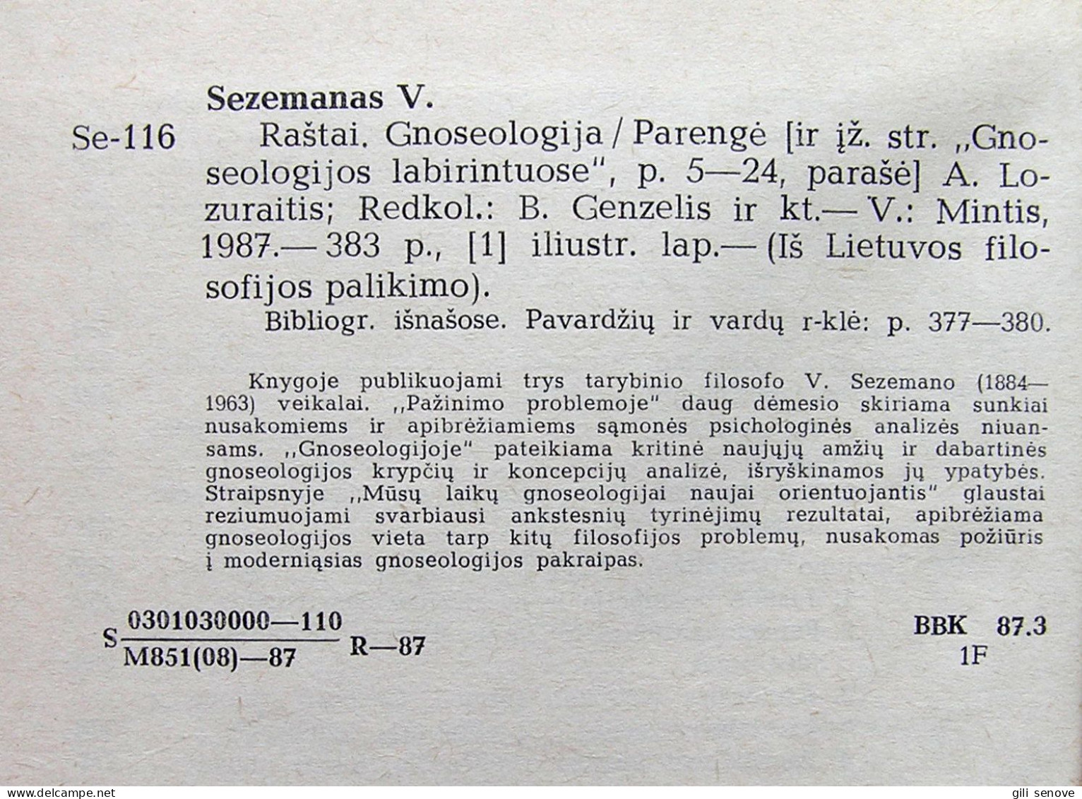 Lithuanian Book / Raštai. Gnoseologija By Sezemanas 1987 - Kultur