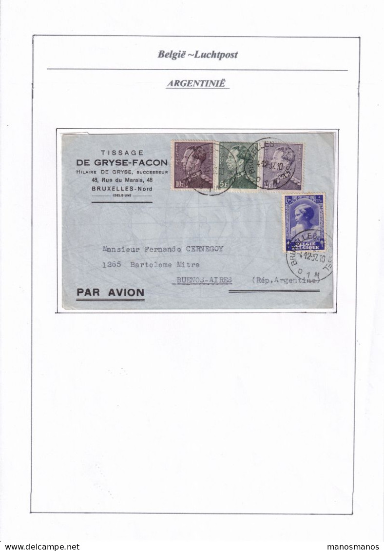 958/40 -- PAR AVION - Enveloppe TP Poortman Et 464 (Joséphine-Charlotte) 1937 Vers BUENOS AIRES Argentine - TARIF 18F75 - Brieven En Documenten