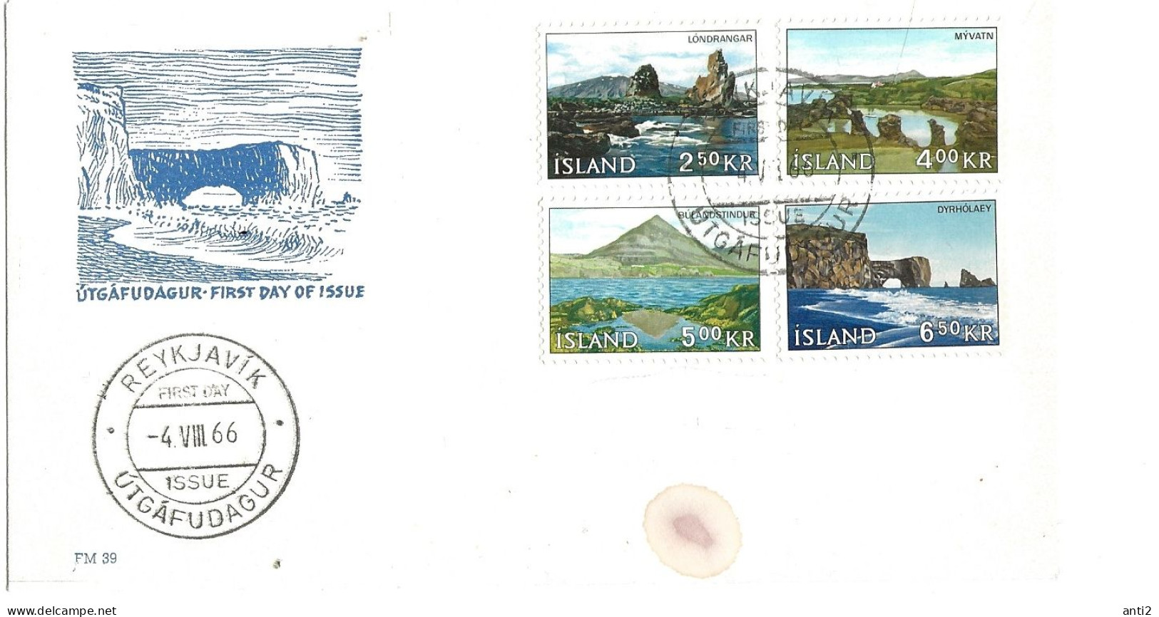 Island Iceland  1966 Landscapes, Lóndrangar , Mývatn , Búlandstindur, Dyrholaey  Mi 400-403 FDC - Brieven En Documenten