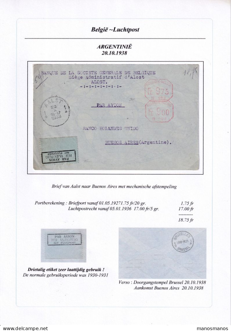 959/40 -- PAR AVION - Enveloppe Affranchissement Mécanique AALST 1938 Vers BUENOS AIRES Argentine - TARIF 18F75 - Covers & Documents