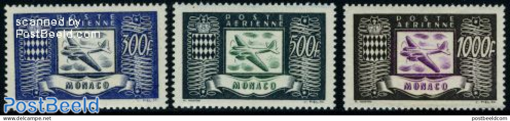 Monaco 1949 Airmail Definitives 3v, Mint NH, Transport - Aircraft & Aviation - Neufs