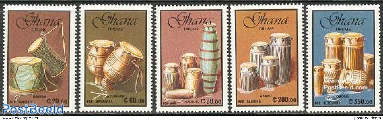 Ghana 1991 Drums 5v, Mint NH, Performance Art - Music - Musical Instruments - Muziek