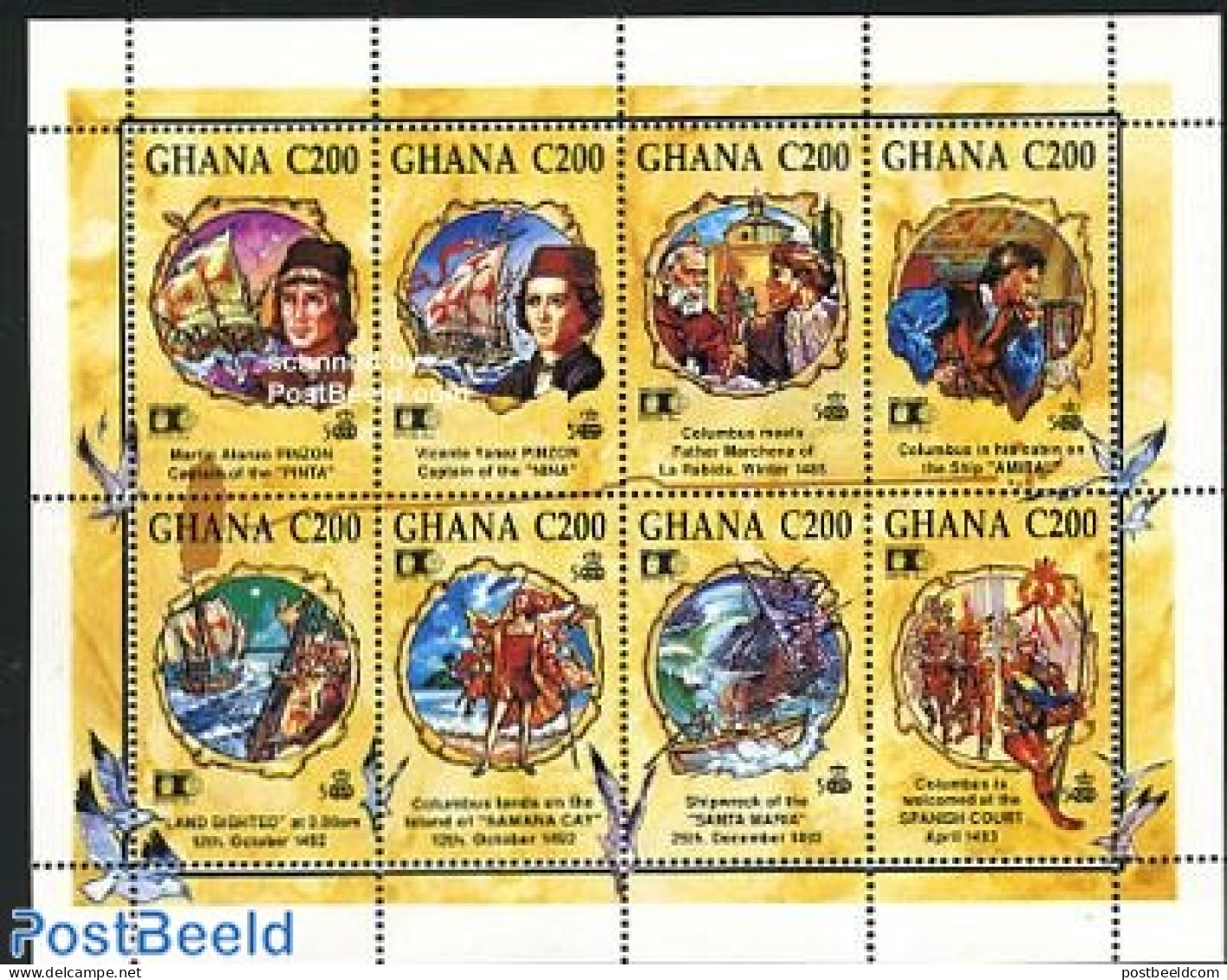 Ghana 1992 Discovery Of America 8v M/s, Mint NH, History - Nature - Transport - Explorers - Birds - Ships And Boats - Exploradores