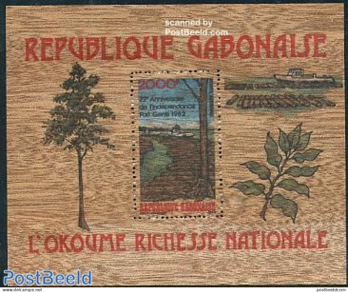 Gabon 1982 Independence Anniversary S/s On Wood, Mint NH, Nature - Various - Trees & Forests - Other Material Than Paper - Nuovi