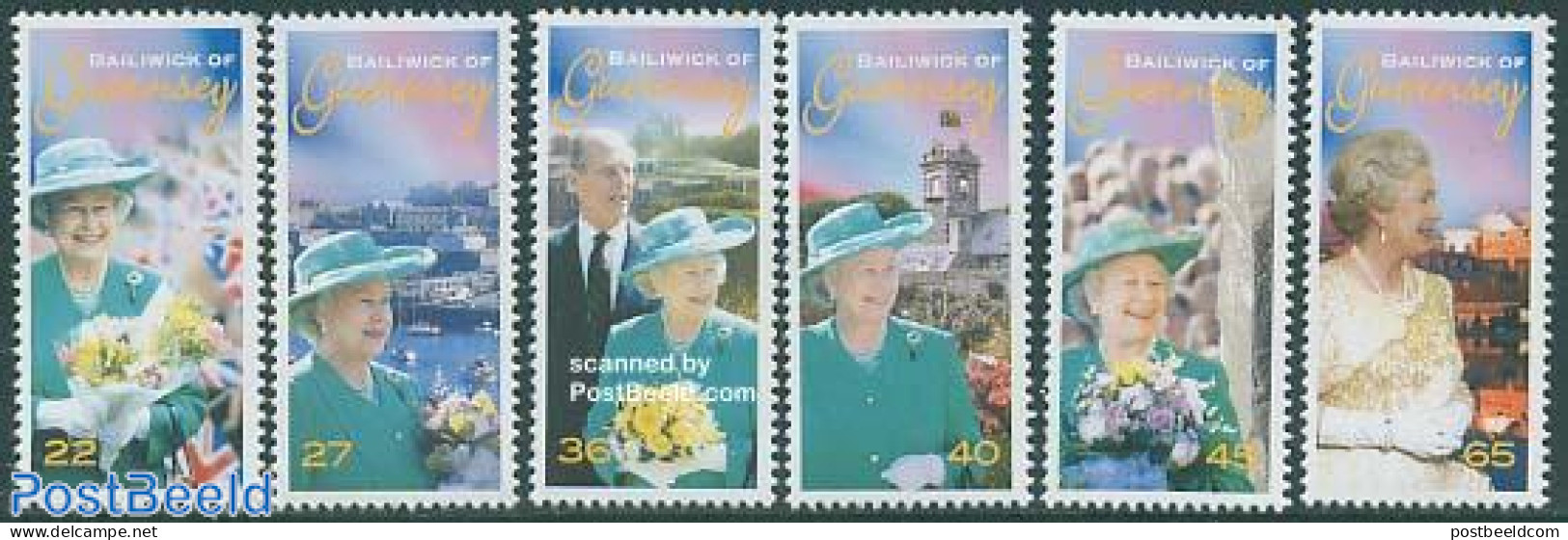 Guernsey 2002 Accession Golden Anniversary 6v, Mint NH, History - Nature - Kings & Queens (Royalty) - Flowers & Plants - Familias Reales