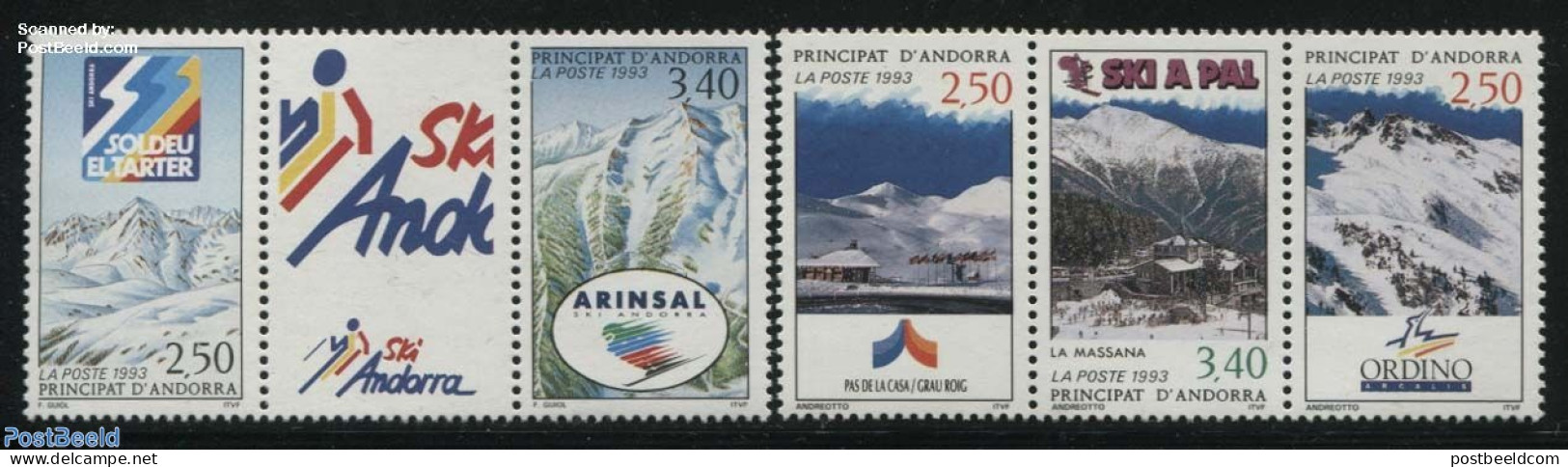 Andorra, French Post 1993 Skiing 5v ([::]+[:T:]), Mint NH, Sport - Various - Skiing - Tourism - Ongebruikt