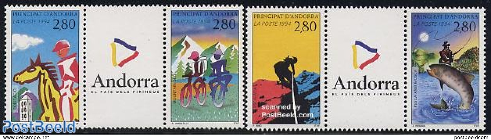 Andorra, French Post 1994 Sport 2x2v+tab [:T:], Mint NH, Nature - Sport - Fish - Fishing - Horses - Cycling - Mountain.. - Neufs