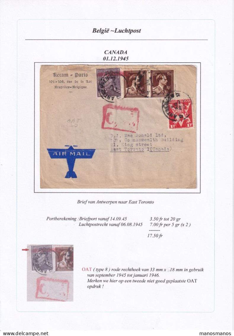 961/40 -- PAR AVION - Enveloppe TP Divers ANTWERPEN 1945 Vers TORONTO Canada - O.A.T. Rectangle - TARIF 17F50 - Storia Postale