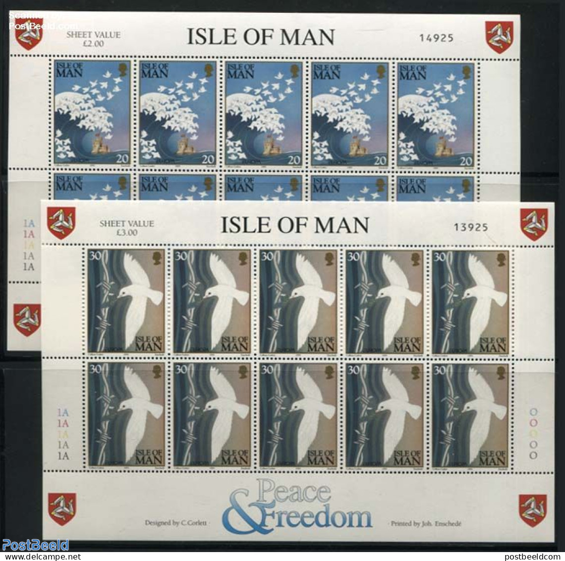 Isle Of Man 1995 Europa 2 M/ss (= 10sets), Mint NH, History - Nature - Europa (cept) - Birds - Pigeons - Isle Of Man