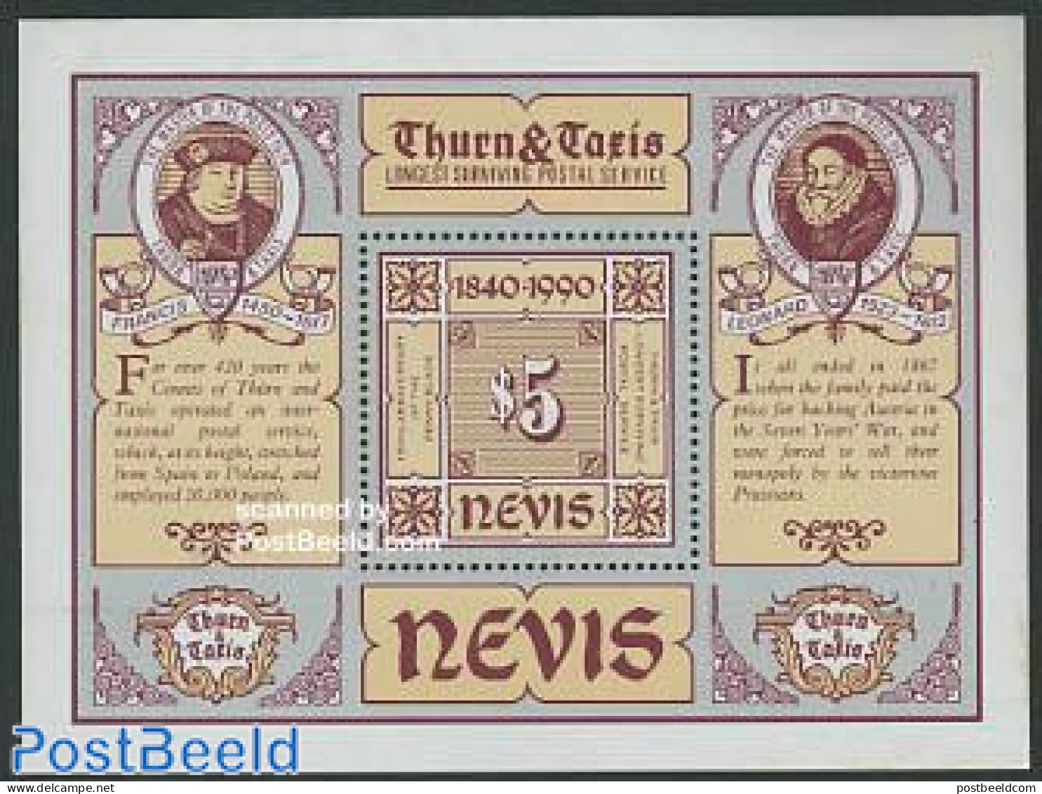 Nevis 1990 Post In Europe S/s, Mint NH, History - Europa Hang-on Issues - Post - Stamps On Stamps - Idee Europee
