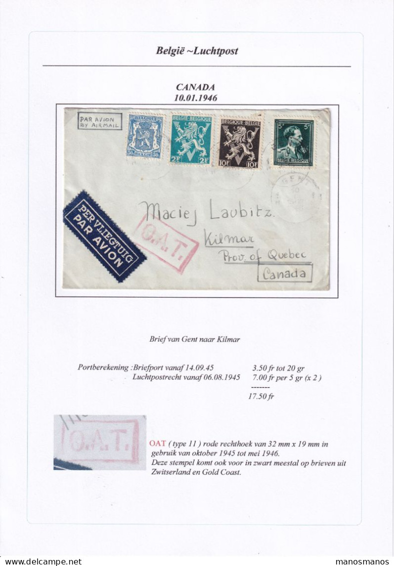 962/40 -- PAR AVION - Enveloppe TP Divers GENT 1946 Vers KILMAR Canada - O.A.T. Rectangle - TARIF 17F50 - Lettres & Documents