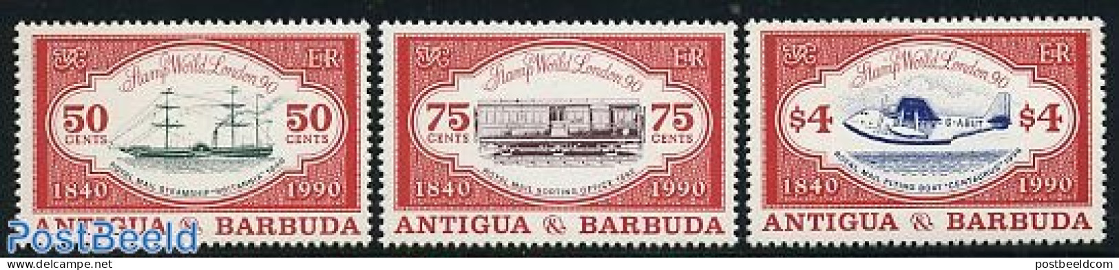 Antigua & Barbuda 1990 Stamp World London 3v, Mint NH, Transport - Post - Aircraft & Aviation - Ships And Boats - Poste