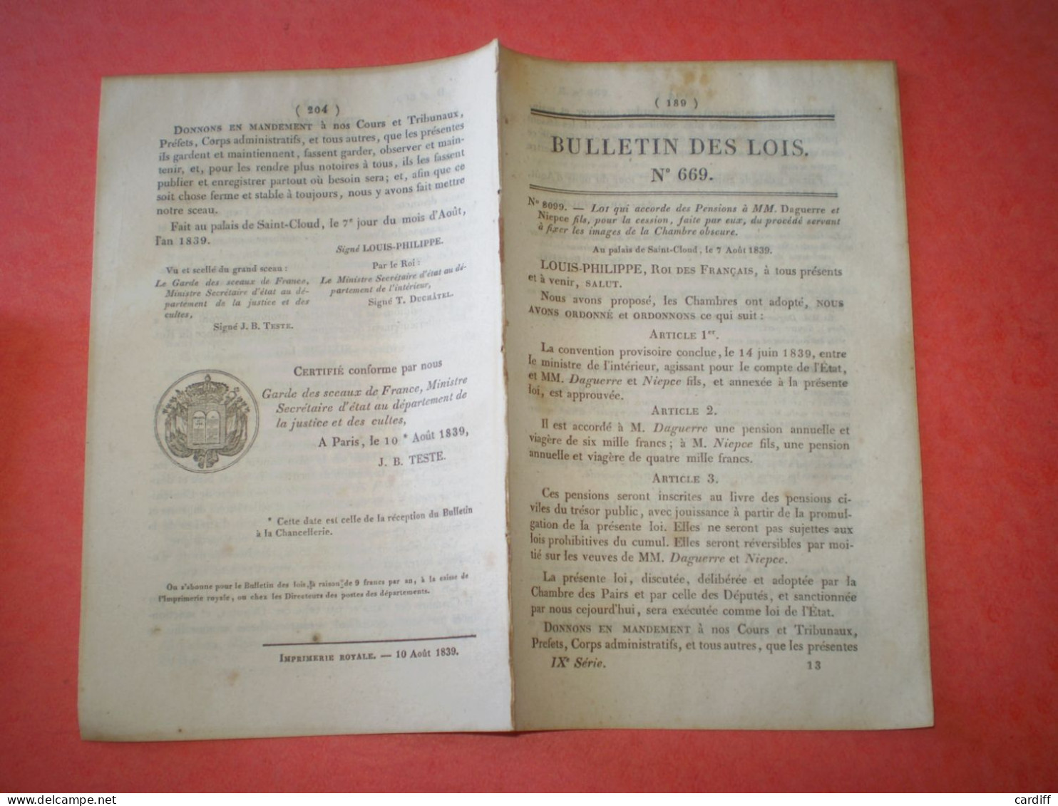 1839:Rachat Procédé Photo & Pension à Daguerre Et Niepce Fils. Salle Favart. Emprunt Gironde, Marseille. Impôt Privas. - Decreti & Leggi