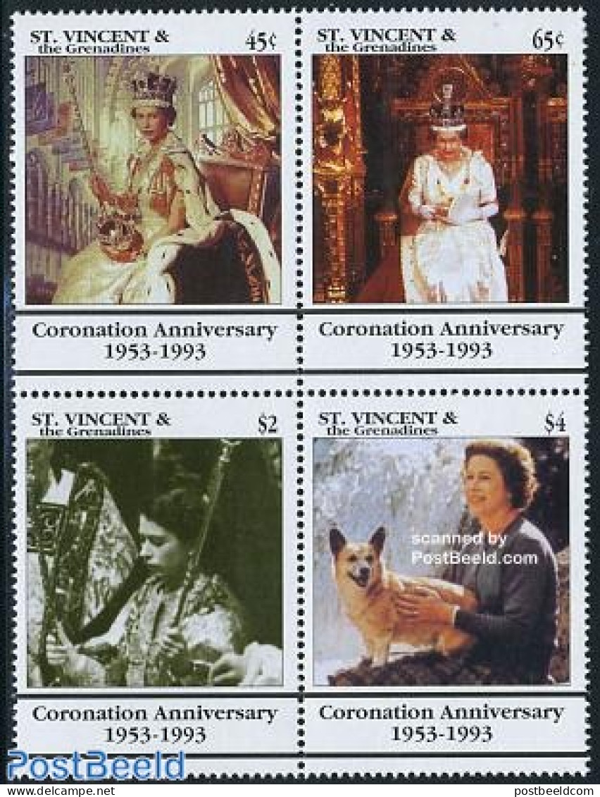 Saint Vincent 1993 Coronation Anniversary 4v {+], Mint NH, History - Nature - Kings & Queens (Royalty) - Familias Reales