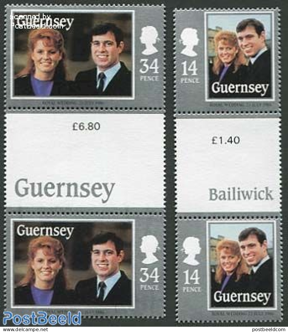 Guernsey 1986 Andrew & Sarah Wedding 2v, Gutter Pairs, Mint NH, History - Kings & Queens (Royalty) - Familias Reales