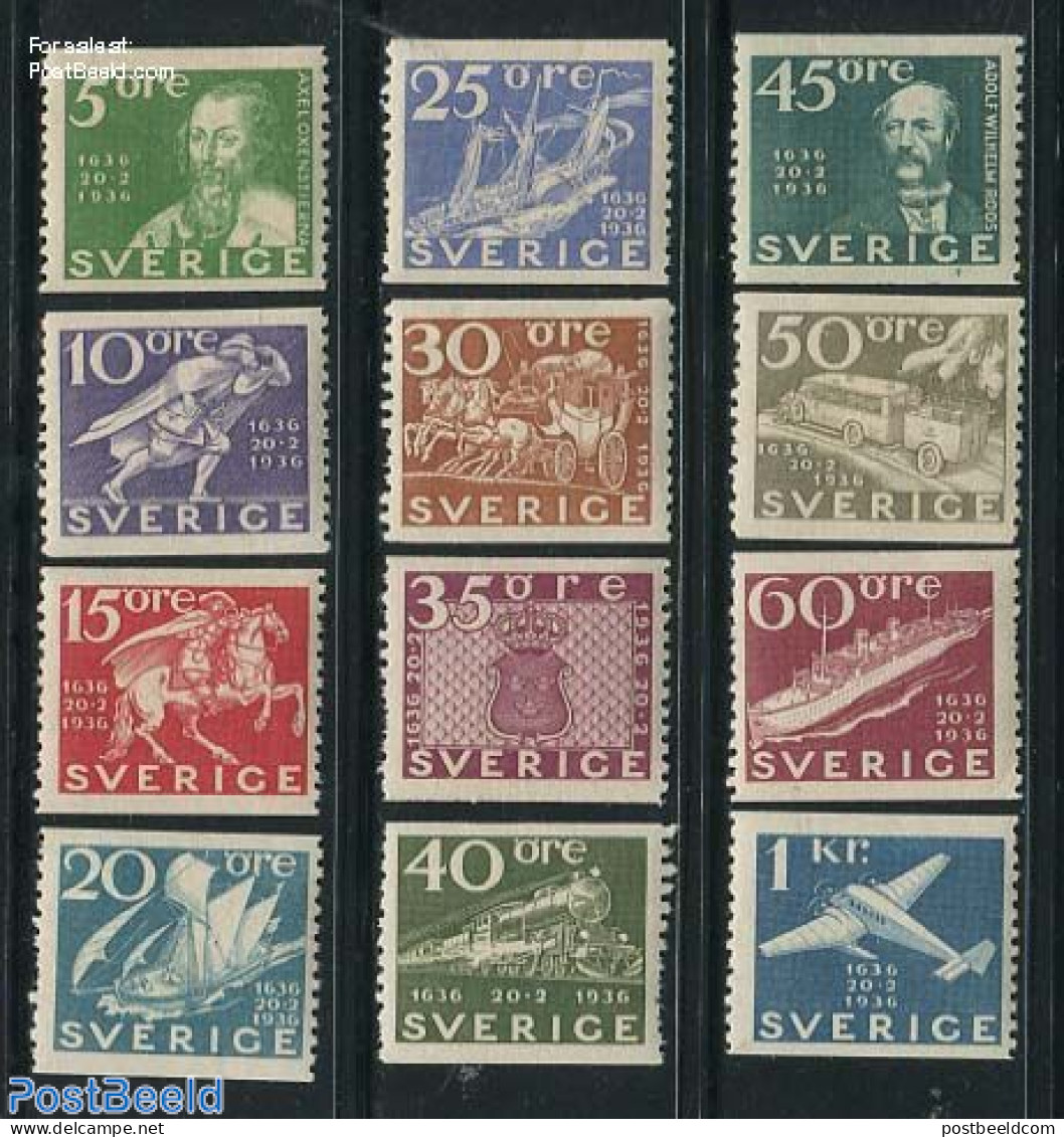 Sweden 1936 300 Years Post 12v :=:, Mint NH, Nature - Transport - Horses - Post - Automobiles - Coaches - Aircraft & A.. - Nuevos
