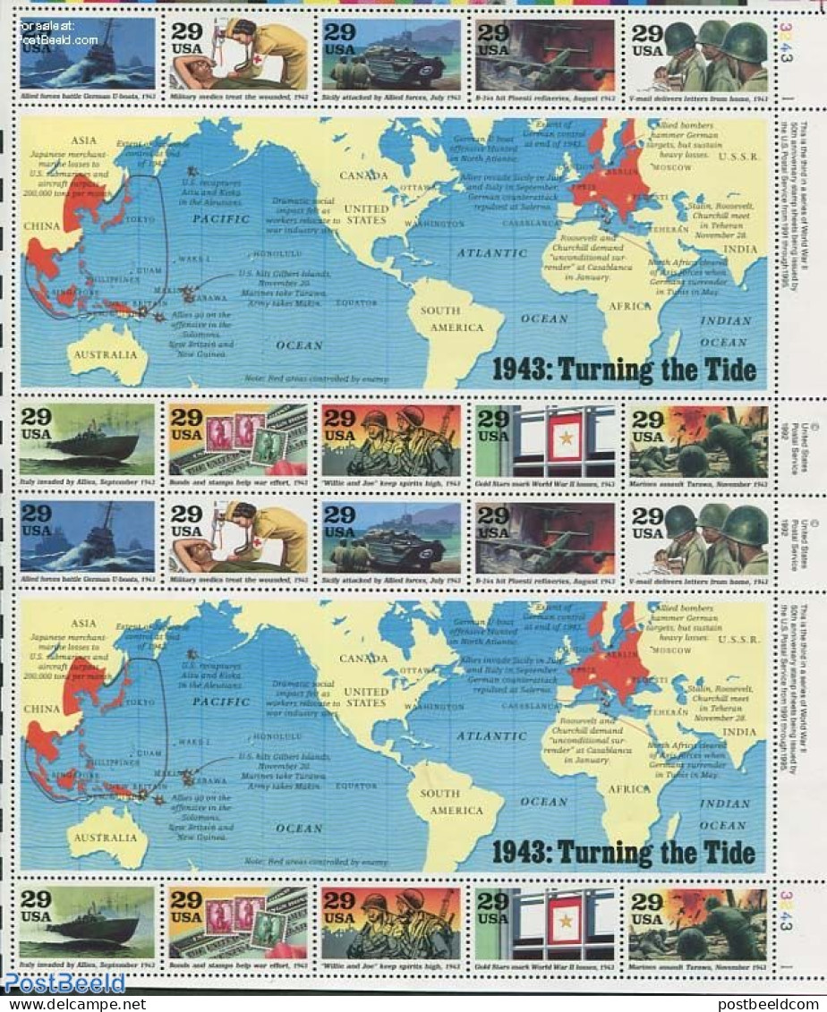 United States Of America 1993 Turning The Tide Sheet, Mint NH, History - Transport - Various - World War II - Stamps O.. - Neufs