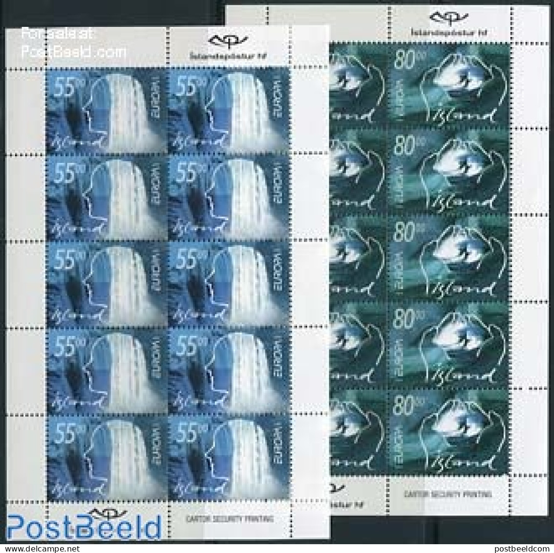 Iceland 2001 Europa, Water 2 M/ss, Mint NH, History - Nature - Europa (cept) - Water, Dams & Falls - Nuovi