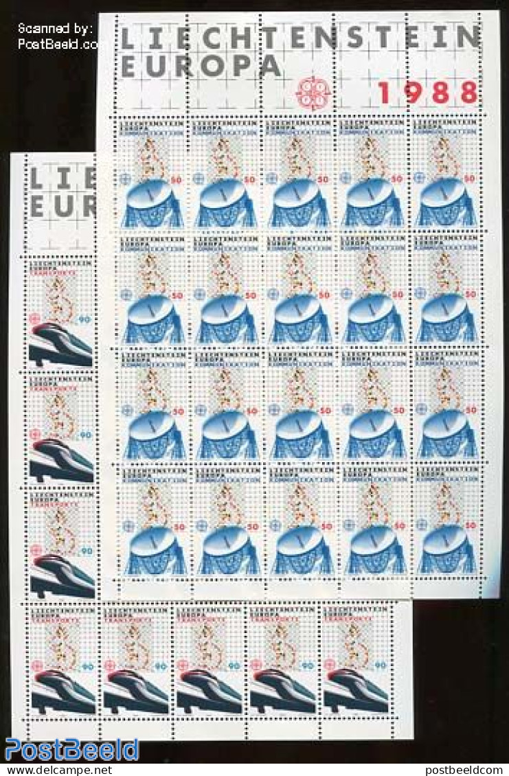 Liechtenstein 1988 Europa, 2 M/ss, Mint NH, History - Science - Transport - Europa (cept) - Telecommunication - Railways - Unused Stamps
