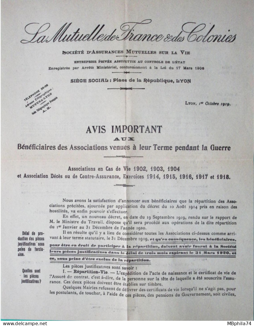 N°140 SEMEUSE PERFORE LMFC LA MUTUELLE DE FRANCE ET DES COLONIES LYON POUR ANDRINOPLE EDIRNE TURQUIE TURKEY 1919 FRANCE - Brieven En Documenten