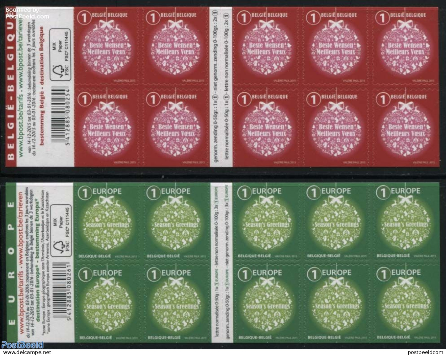 Belgium 2015 Christmas 2 Booklets, Mint NH, Religion - Christmas - Stamp Booklets - Ungebraucht