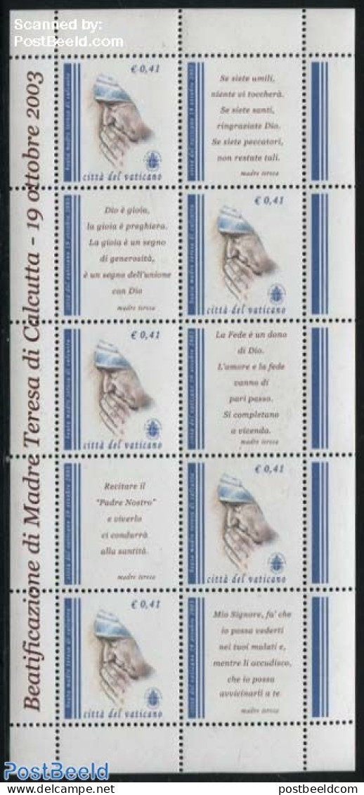 Vatican 2003 Mother Theresa M/s, Mint NH, History - Religion - Nobel Prize Winners - Religion - Neufs