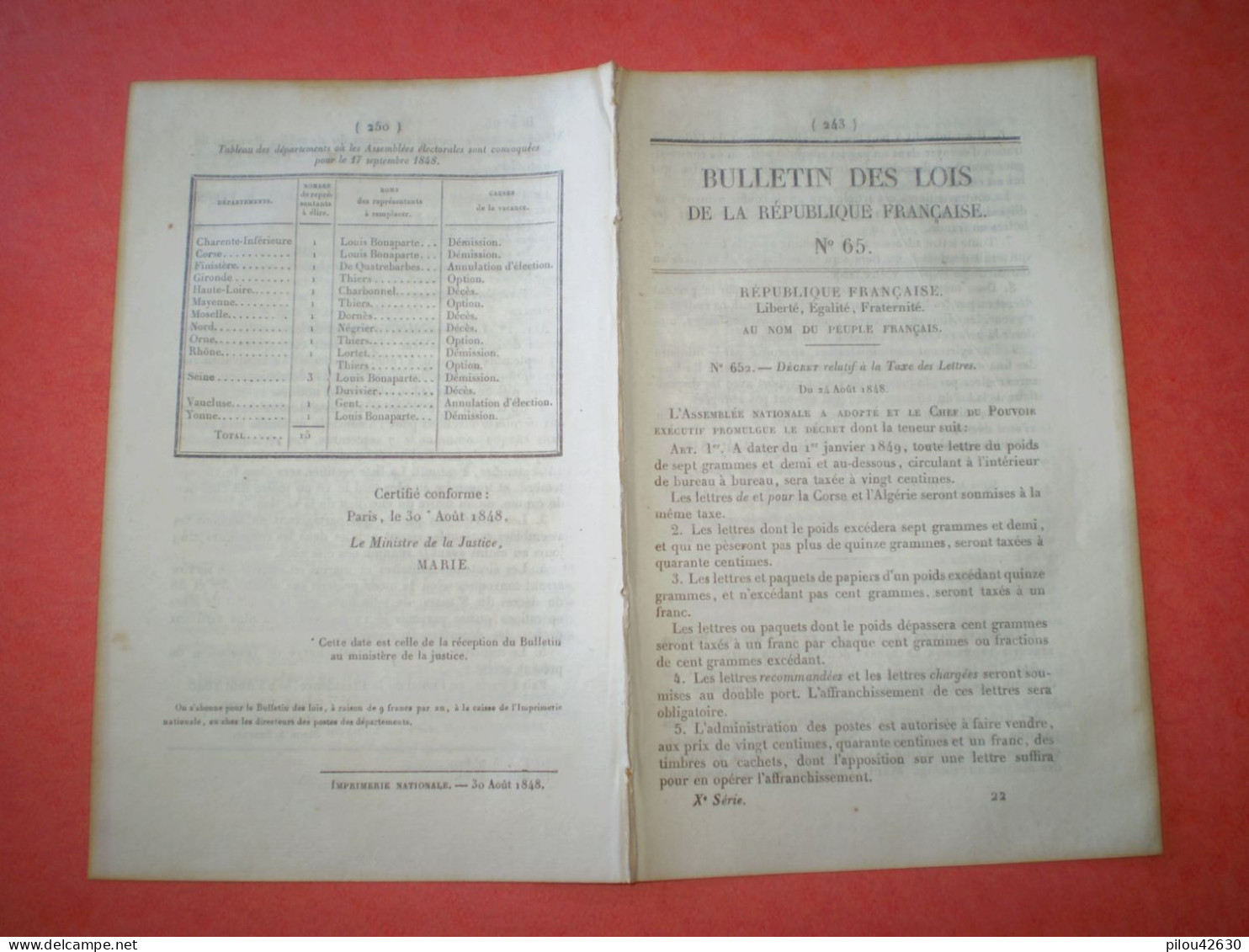 Bulletin Des Lois De 1848: Création Du Timbre Poste Au 1er Janvier 1849 Et Mise En Vente à 20c 40c & 1f - Decretos & Leyes