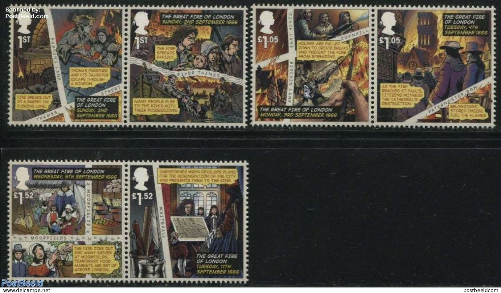 Great Britain 2016 The Great Fire Of London 6v (3x[:]), Mint NH, History - Transport - History - Fire Fighters & Preve.. - Nuevos
