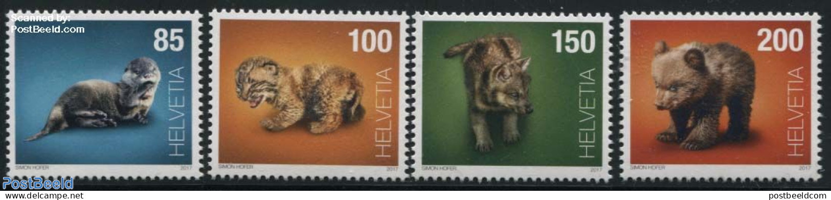Switzerland 2017 Baby Animals 4v S-a, Mint NH, Nature - Animals (others & Mixed) - Bears - Cat Family - Cats - Unused Stamps