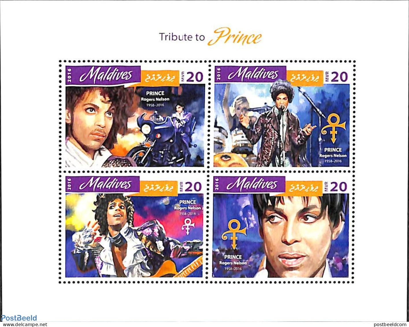 Maldives 2016 Tribute To Prince 4v M/s, Mint NH, Performance Art - Transport - Music - Popular Music - Motorcycles - Musique