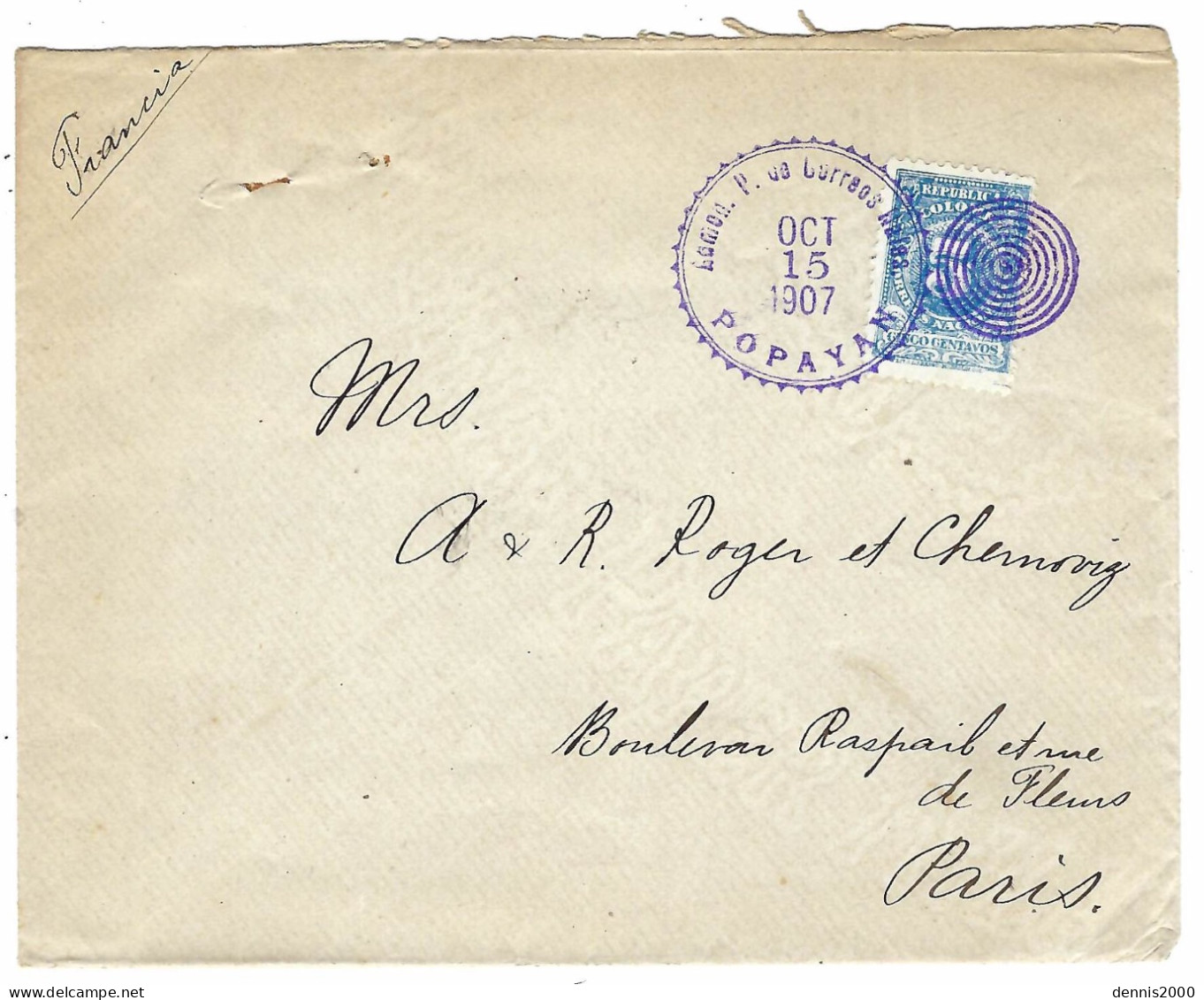 1907 - Enveloppe De POPAYAN  Affr. 5 C. Oblit. Cercles Concentriques  Pour Paris - Colombia