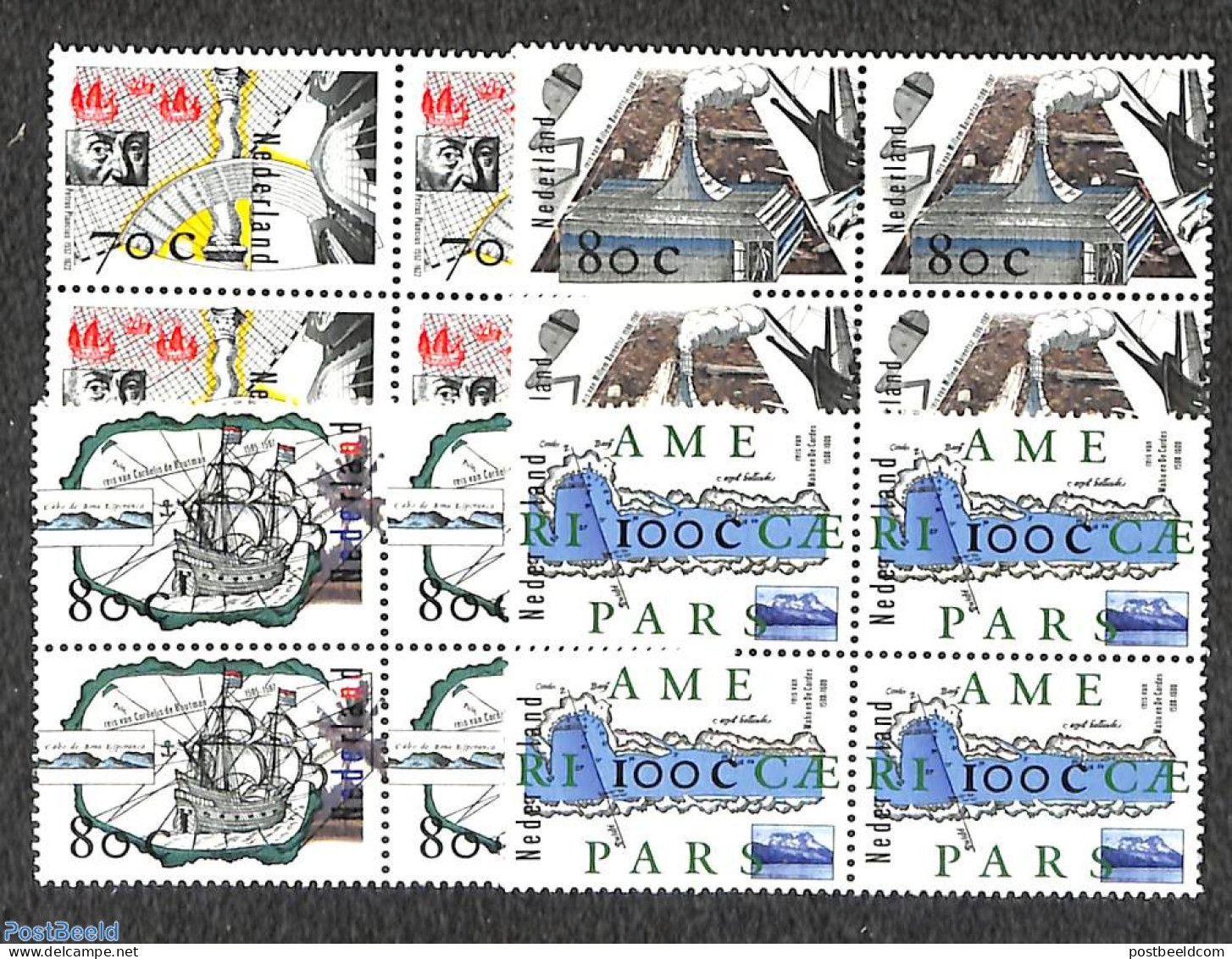 Netherlands 1996 Discoveries 4v, Blocks Of 4 [+], Mint NH, Transport - Various - Ships And Boats - Maps - Neufs