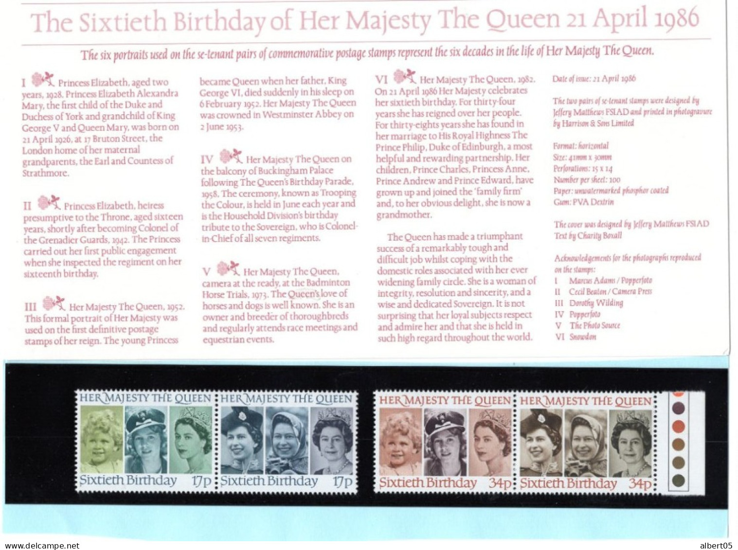 The Sixtieth Birthday Of Her Majesty The Queen  21 April 1986 - One Covern  - Biography - Stamps - Brieven En Documenten