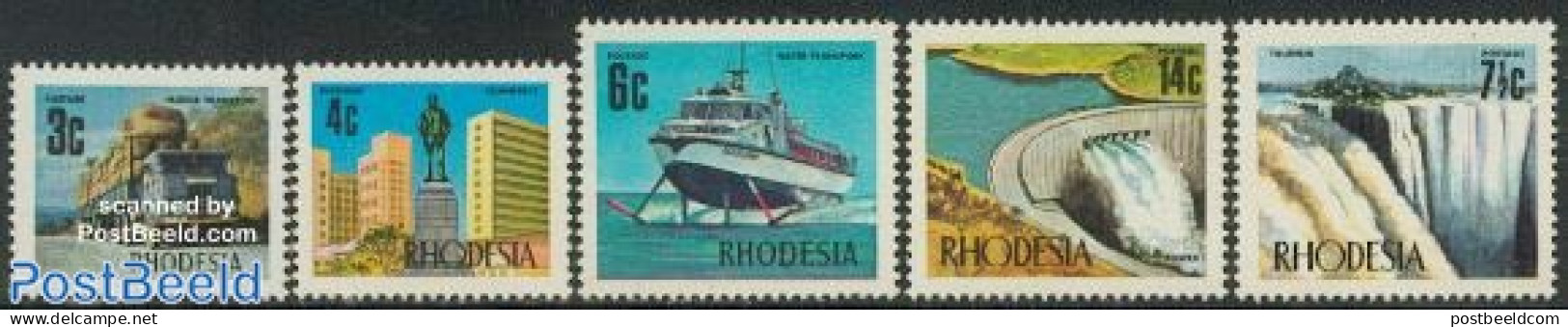 Rhodesia 1973 Definitives 5v, Unused (hinged), Nature - Transport - Water, Dams & Falls - Automobiles - Ships And Boats - Auto's