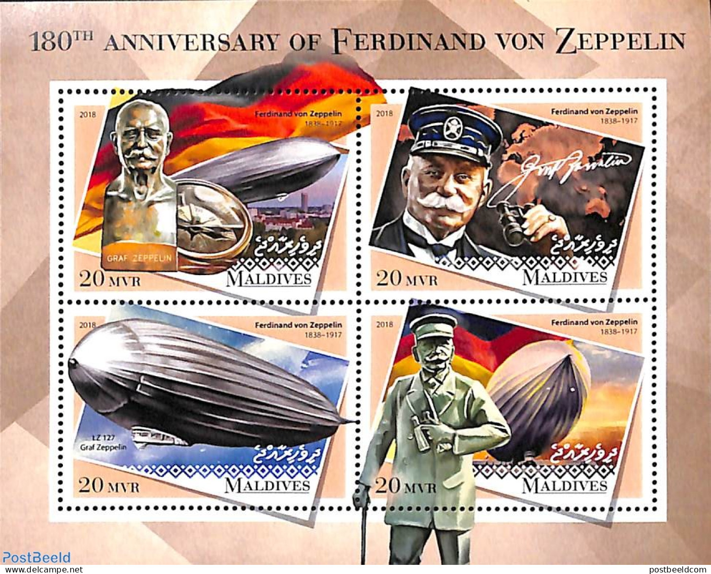 Maldives 2018 Ferdinand Von Zeppelin 4v M/s, Mint NH, Transport - Zeppelins - Zeppelin