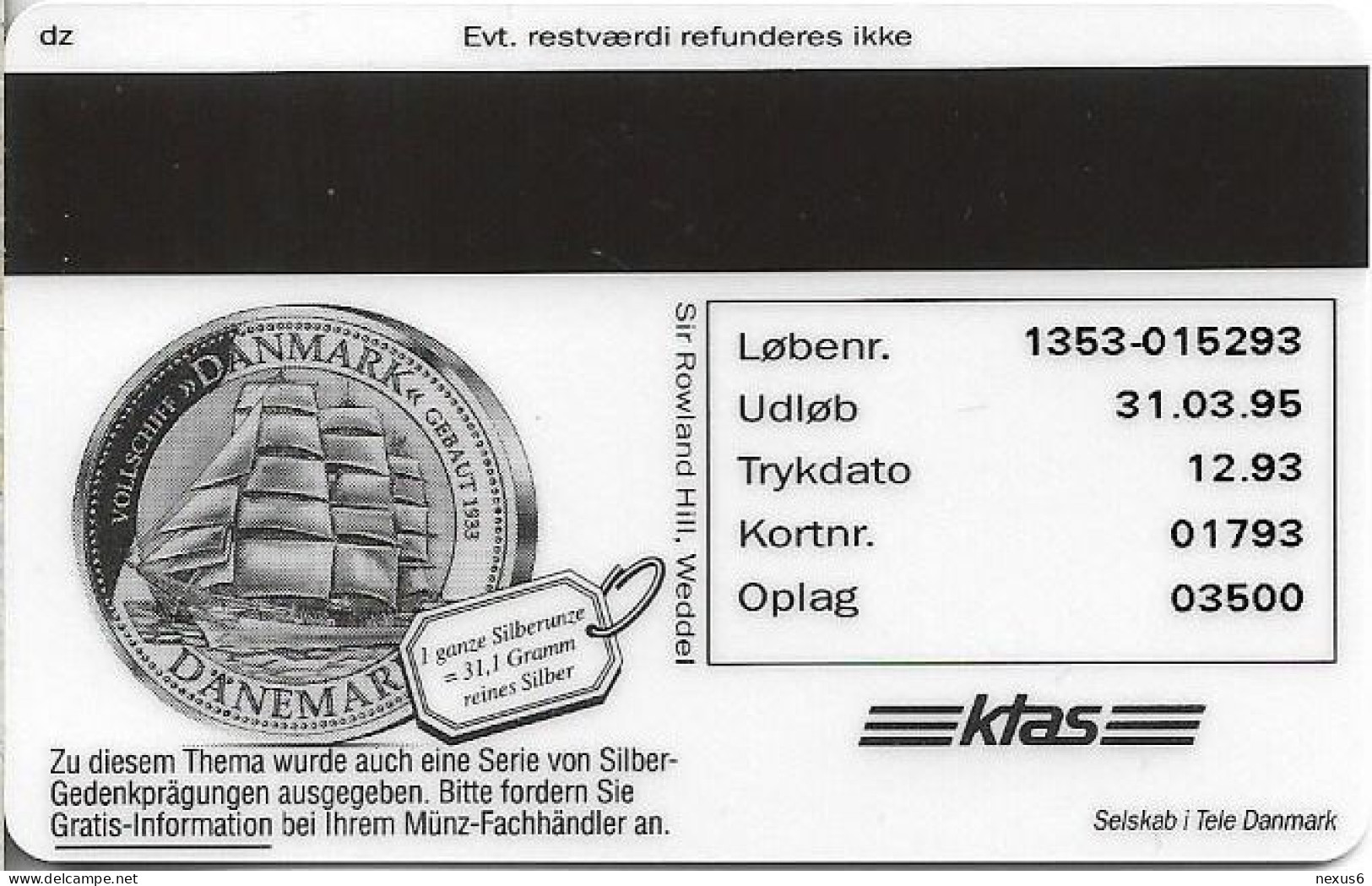 Denmark - KTAS - Ships (Red) - Japan - Nippon Maru - TDKP050 - 12.1993, 5kr, 3.500ex, Used - Denmark