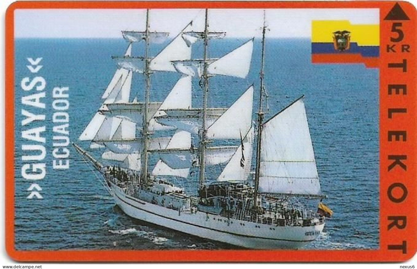 Denmark - KTAS - Ships (Red) - Ecuador - Guayas - TDKP048 - 11.1993, 5kr, 3.500ex, Used - Denmark