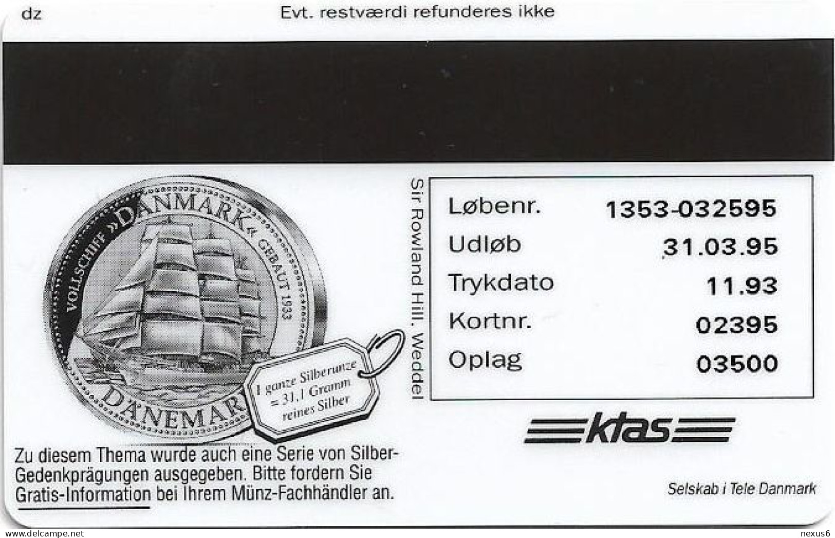 Denmark - KTAS - Ships (Red) - Ecuador - Guayas - TDKP048 - 11.1993, 5kr, 3.500ex, Used - Dänemark