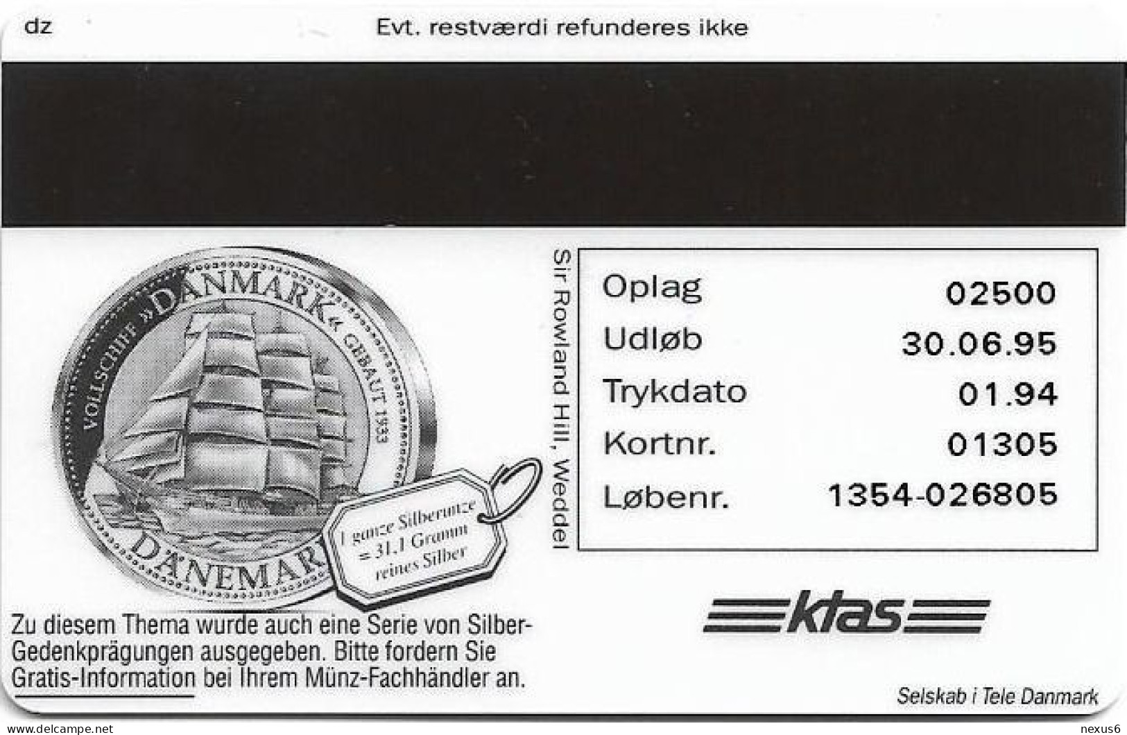 Denmark - KTAS - Ships (Red) - Denmark - Georg Stage - TDKP060 - 01.1994, 5kr, 2.500ex, Used - Danemark