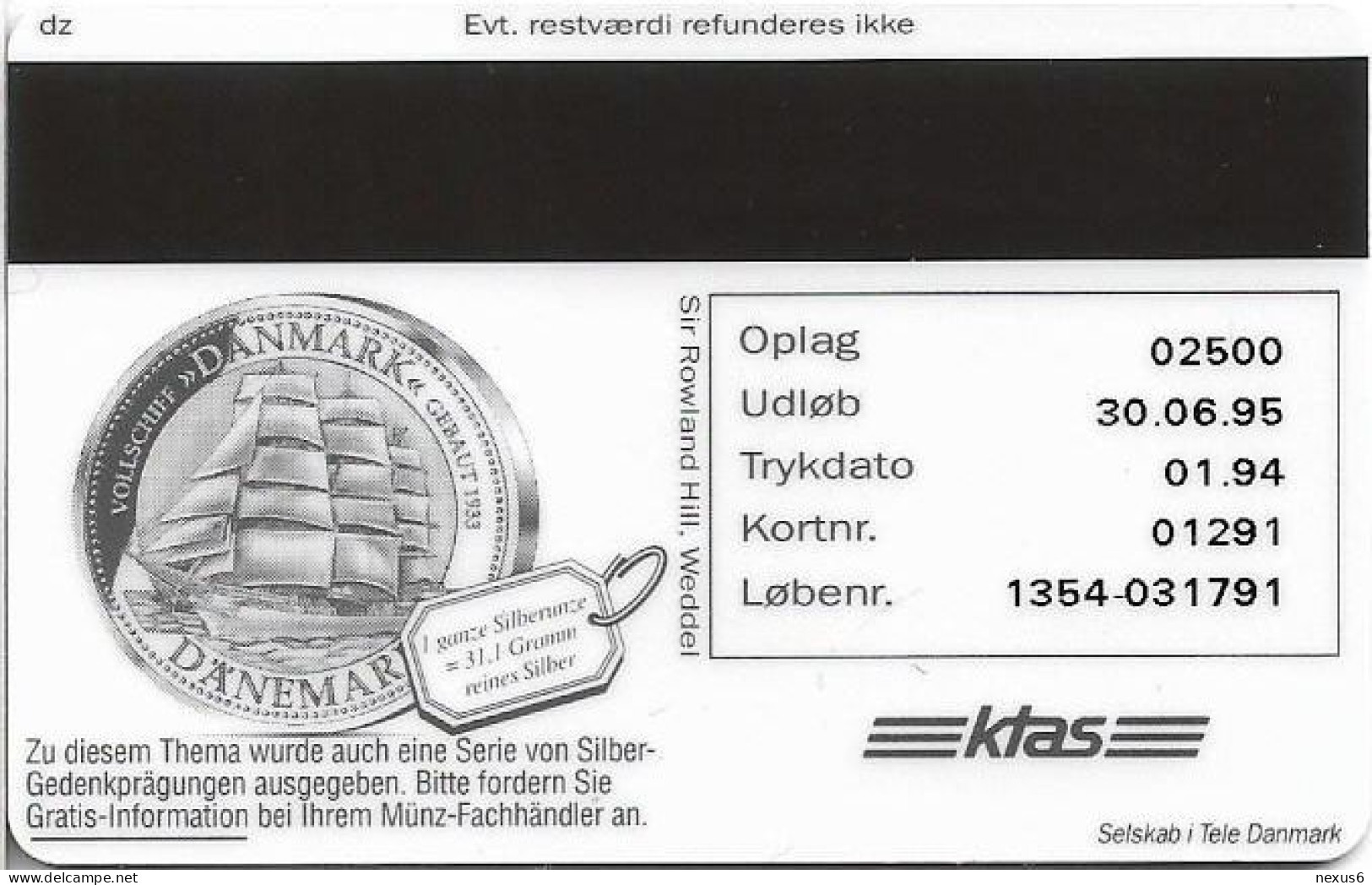 Denmark - KTAS - Ships (Red) - Argentine - Libertad - TDKP058 - 01.1994, 5kr, 2.500ex, Used - Dänemark