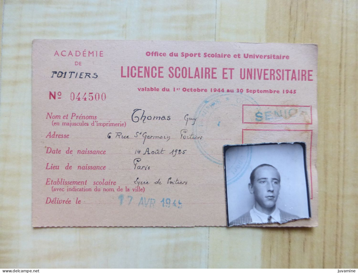 86 POITIERS - LICENCE SCOLAIRE ET UNIVERSITAIRE 1945 - PHOTO D'IDENTITE - SPORT - Collections