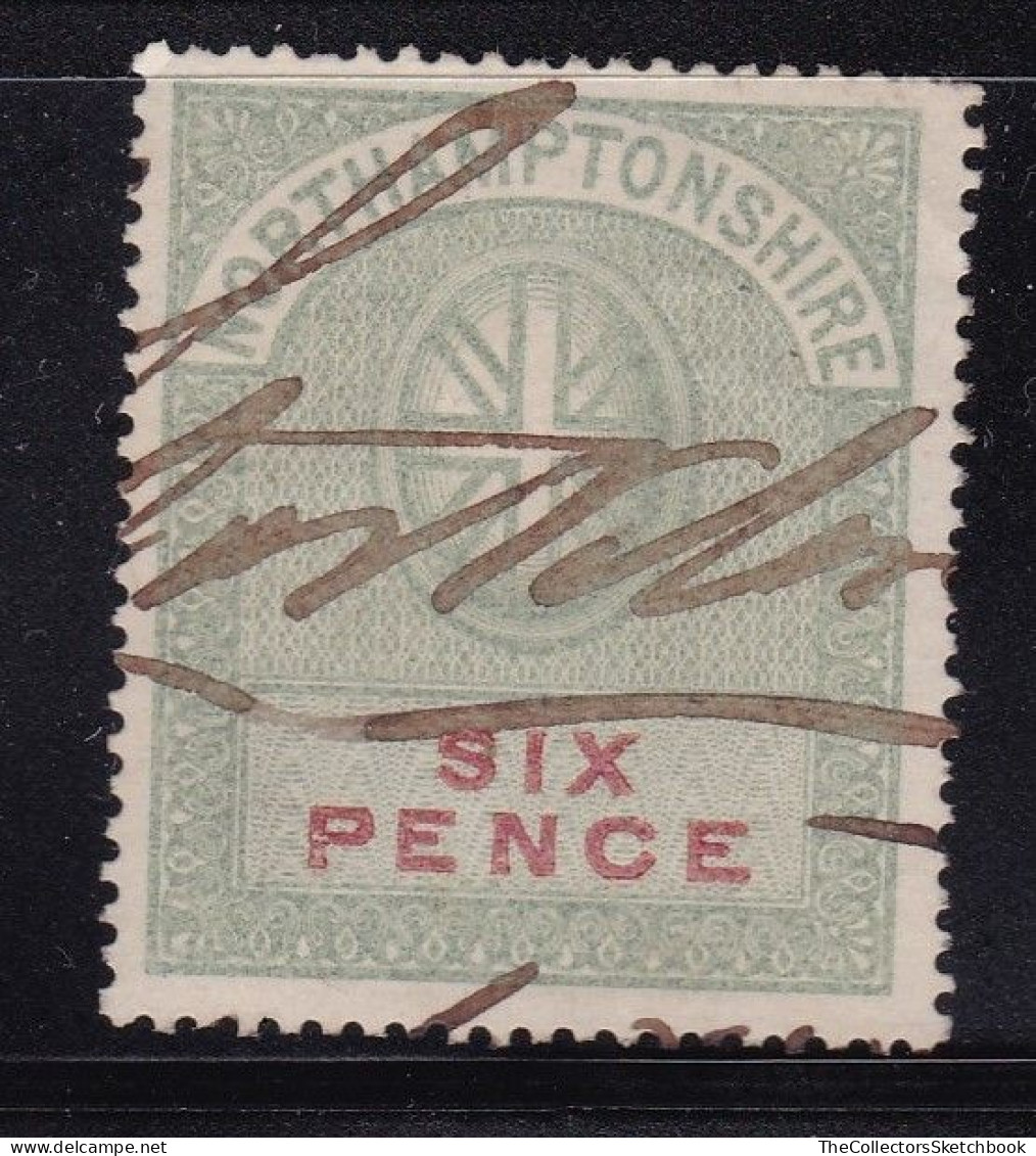 GB Fiscal/ Revenue Stamp.  Northamptonshire 6d  Green And Carmine Barefoot 38 Good Used - Revenue Stamps