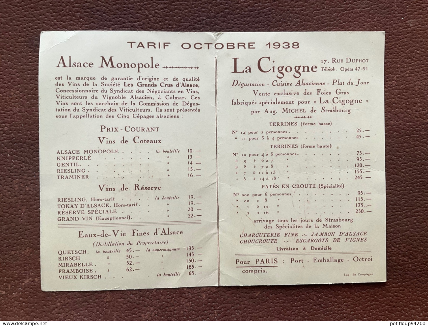 Menu LA CIGOGNE Tarifs Octobre 1938  VINS  TERRINES  CHARCUTERIE  FOIES GRAS  ESCARGOTS  Paris - Menu