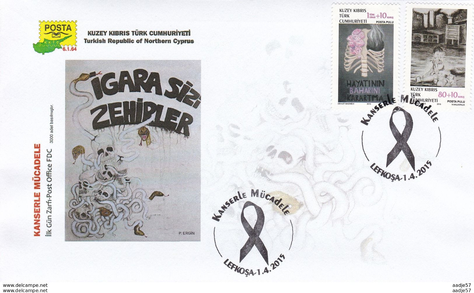 TURKISH CYPRUS 2015 FIGHT AGAINST CANCER FDC 01-04-2015 Train Before Child - Lettres & Documents