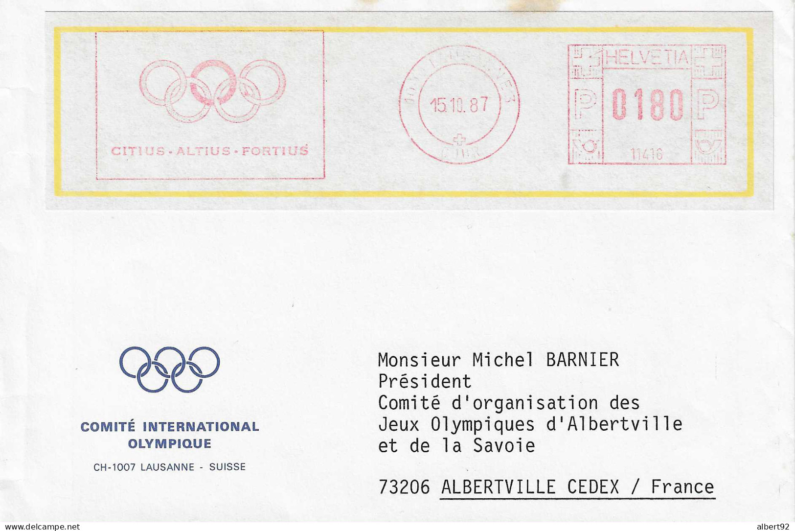 1987  EMA Du Comité International Olympique Adressée Au Président Du Comité D'Organisation Des J.O. D'Albertville 1992 - Invierno 1992: Albertville