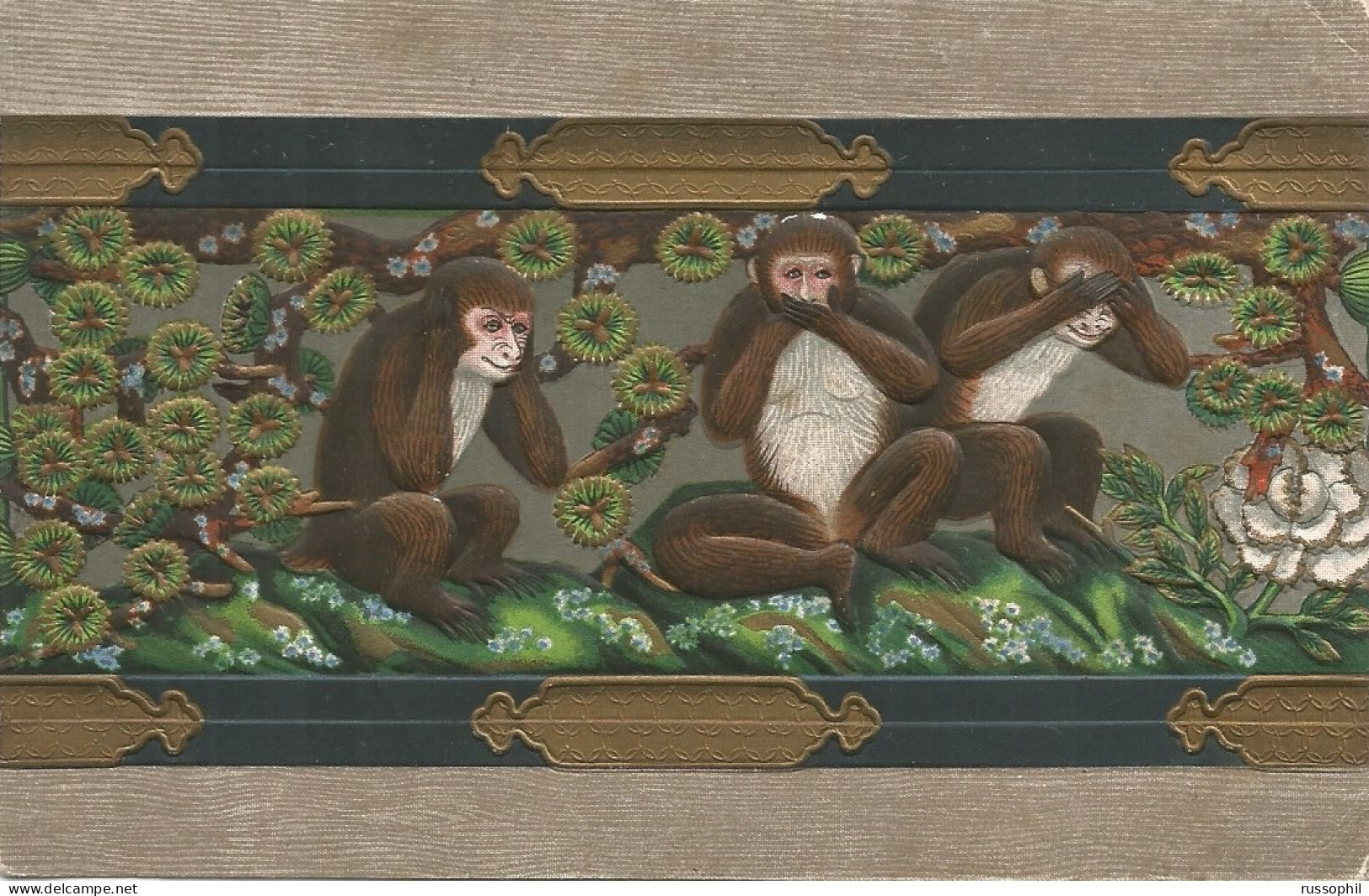 JAPAN - NIKKO - TOSHOGU SHRINE - 3 WISE MONKEYS  - TOCHIGI - EMBOSSED HAND PAINTED PC - 1923 - Other & Unclassified