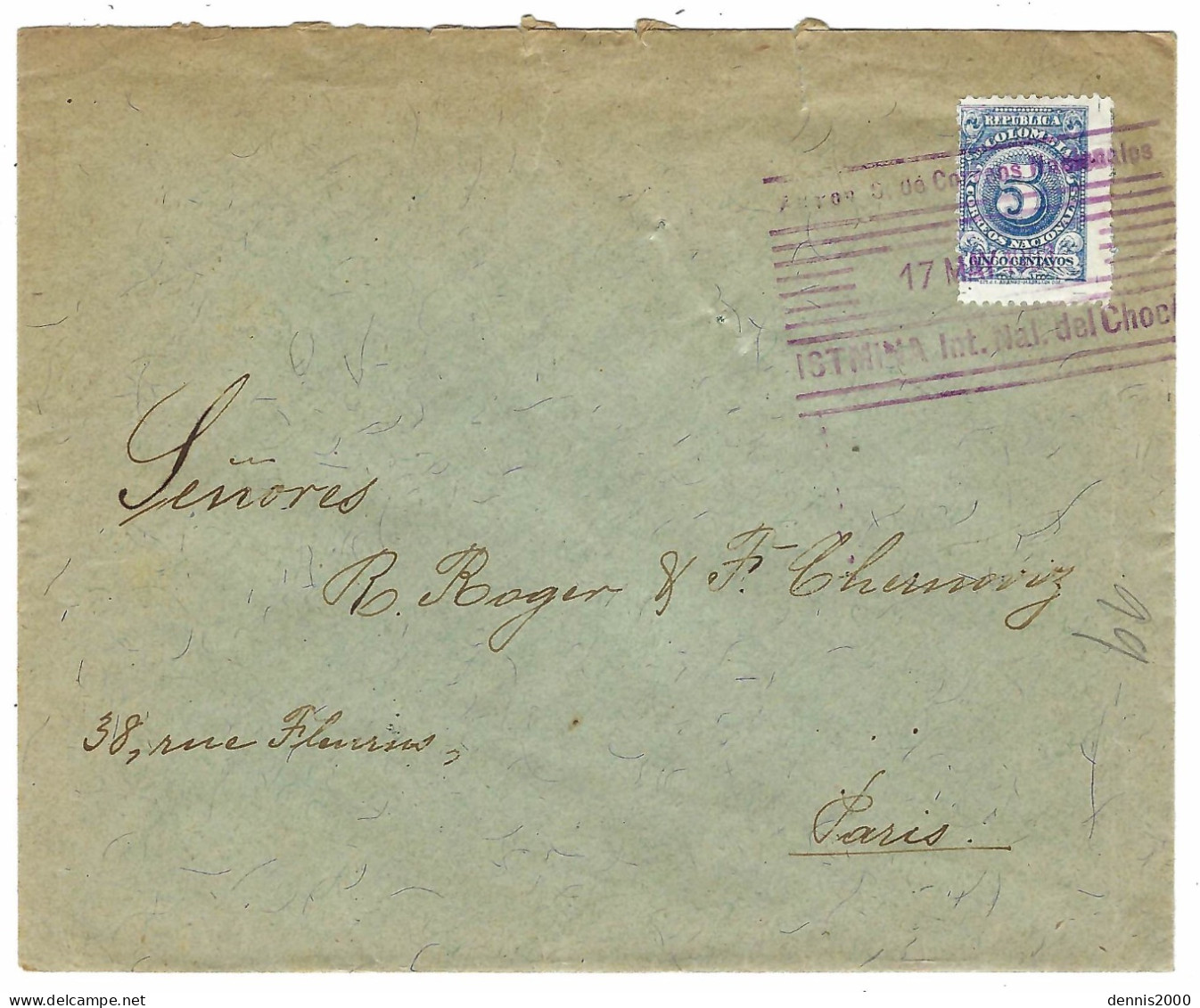 1908 - Enveloppe Affr.  5 C  Oblit. Rouge  ISTMINA Int. Nat. Del Choca  Pour Paris - Colombie