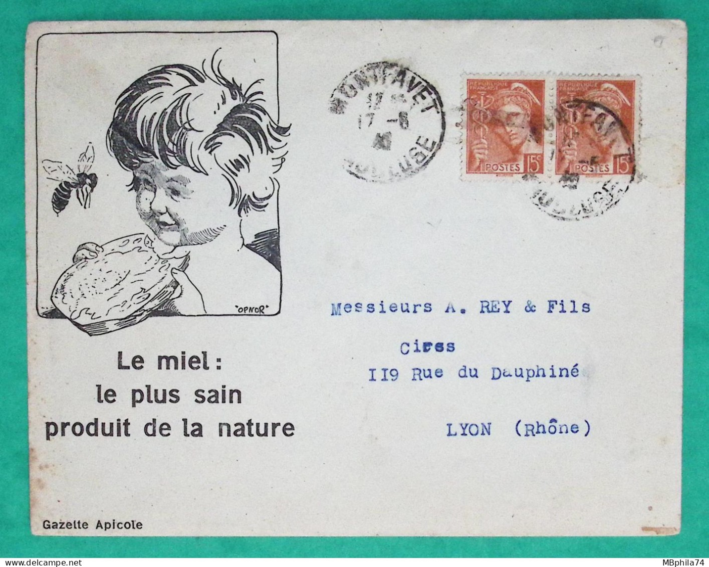 N°409 PAIRE MERCURE ENVELOPPE PUB GAZETTE APICOLE MIEL ABEILLES MONTFAVET VAUCLUSE POUR LYON RHONE 1940 COVER FRANCE - 1938-42 Mercure