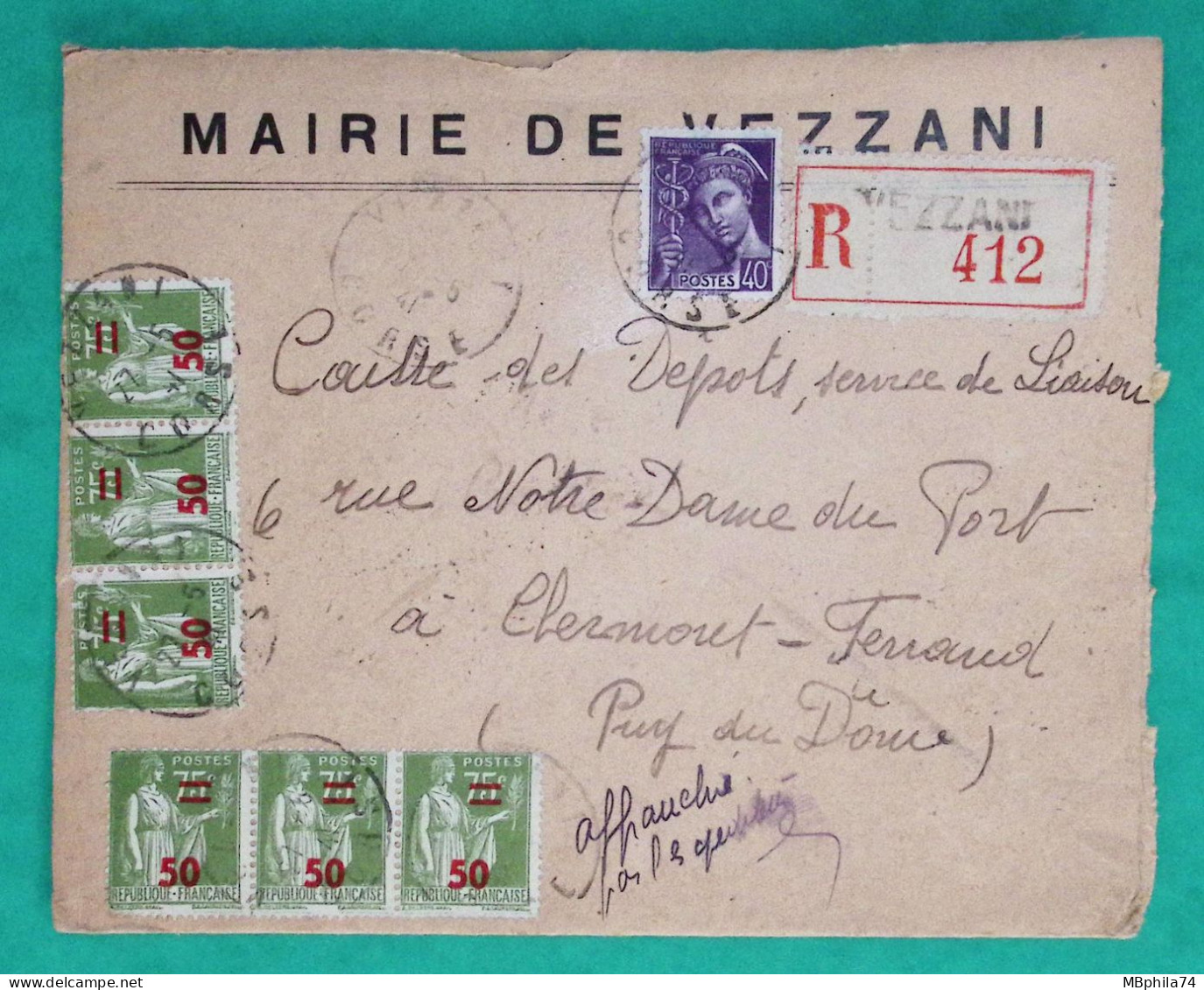N°413 + 480 X6 MIXTE MERCURE PAIX SURCHARGE RECOMMANDE MAIRIE DE VEZZANI CORSE POUR CLERMONT FERRAND PUY DE DOME 1941 - 1932-39 Peace
